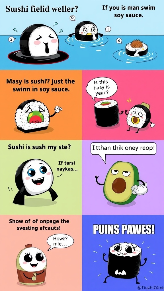A playful and colorful collage of sushi-themed memes, showcasing humorous cartoon characters and funny sushi puns.